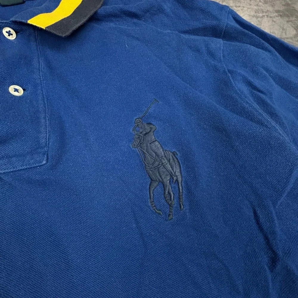 Polo Ralph Lauren Big Pony Polo Shirt Blue Yellow Tipped Collar Mens LT Y2K 90s